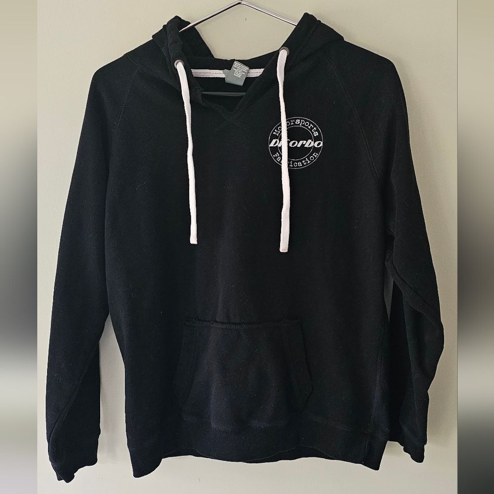 Ladies Black Hoodie with White Accents and Drawstring. Size L